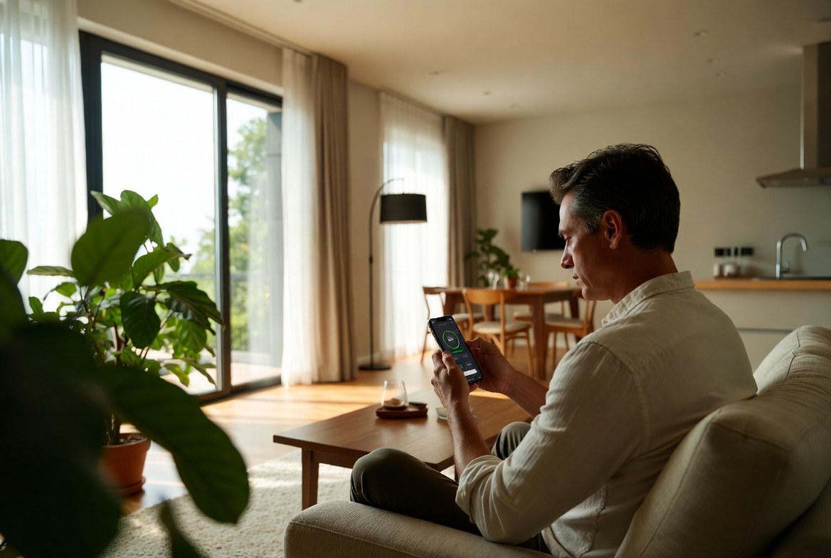 Homeowner using a smart energy monitor app in a modern home