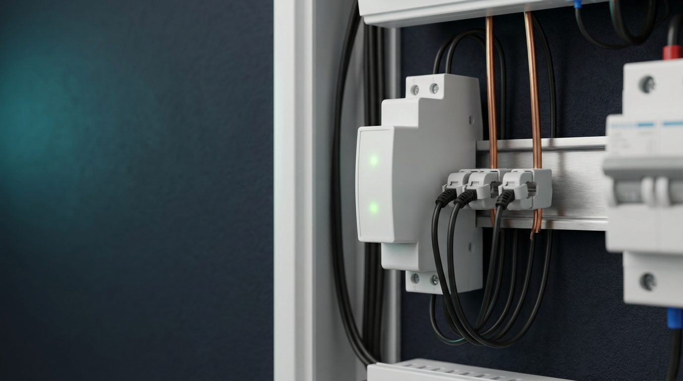 Pert EMD DIN-rail energy monitor with CT clamps installed in a home electrical panel
