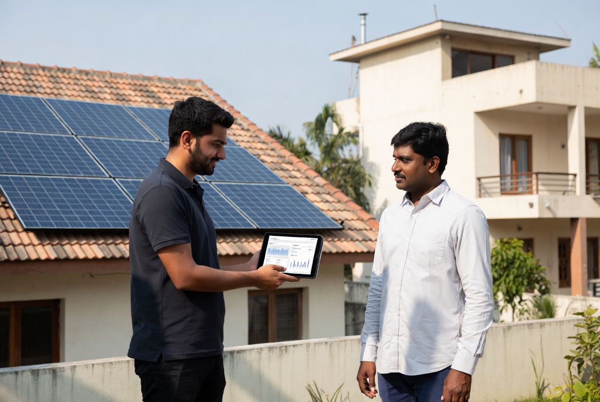 Installer explaining energy monitoring and solar performance to a homeowner