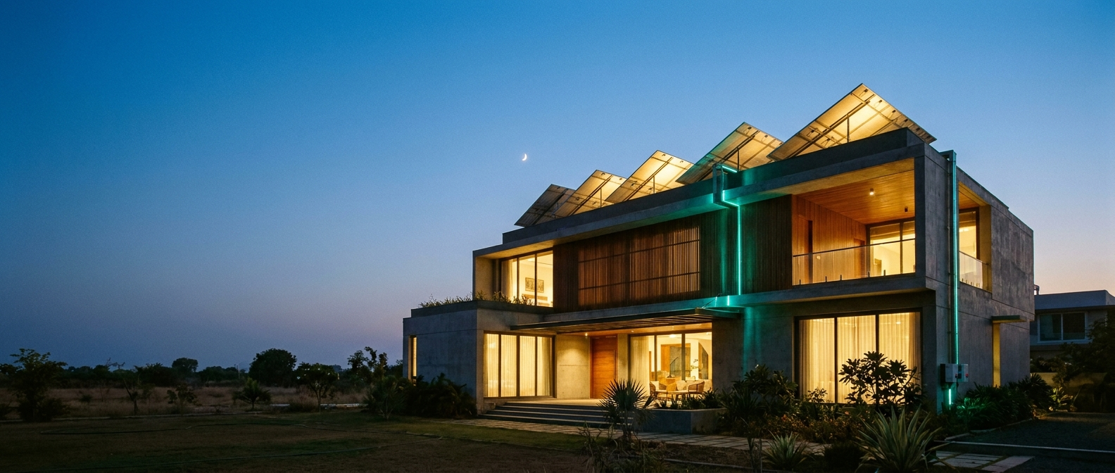 Modern home at dusk with rooftop solar panels and glowing energy flow