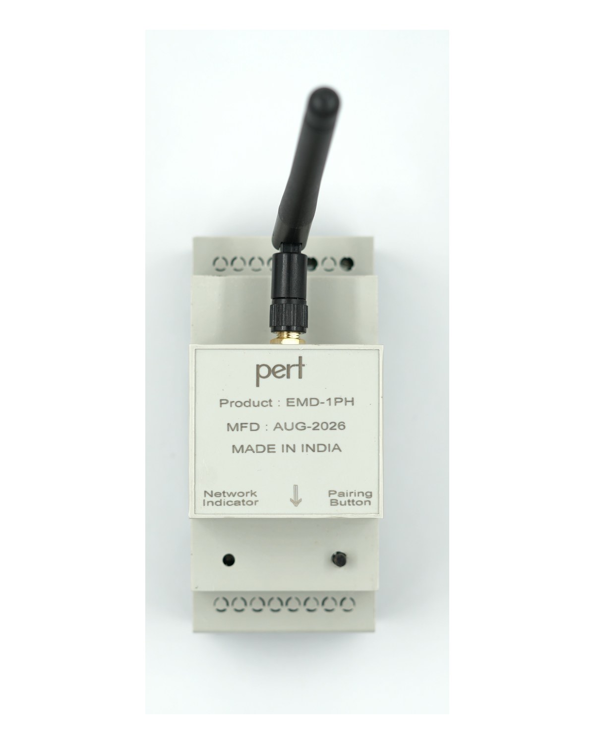 The EMD-3C single phase energy monitor, a DIN rail unit with a Wi-Fi antenna and CT terminals
